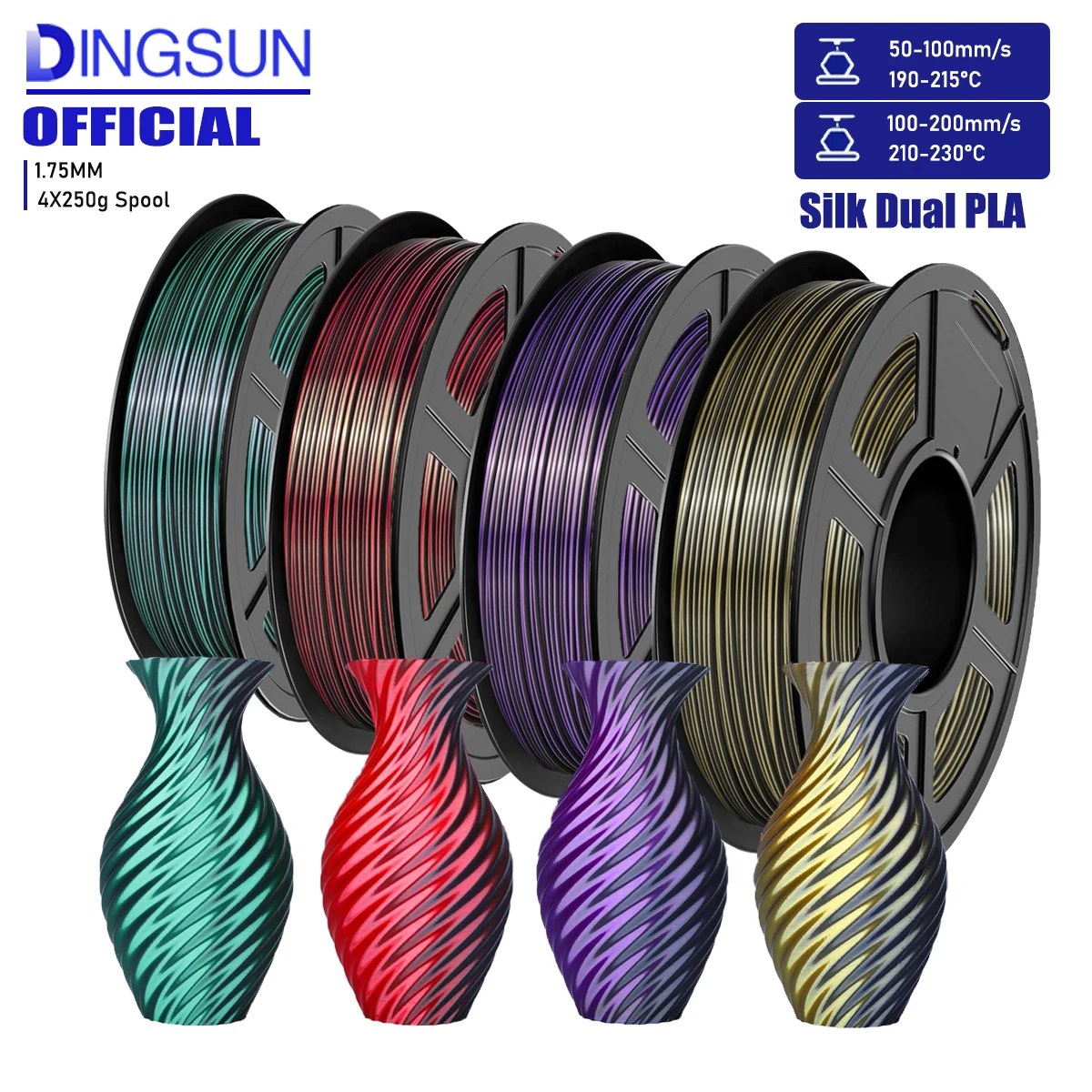 

DINGSUN 3D Printer Filament Bundle, Silk PLA Filament 1.75mm, Dual Color Filament 250gX 4 Spools Silk Filament Bundle Multicolor