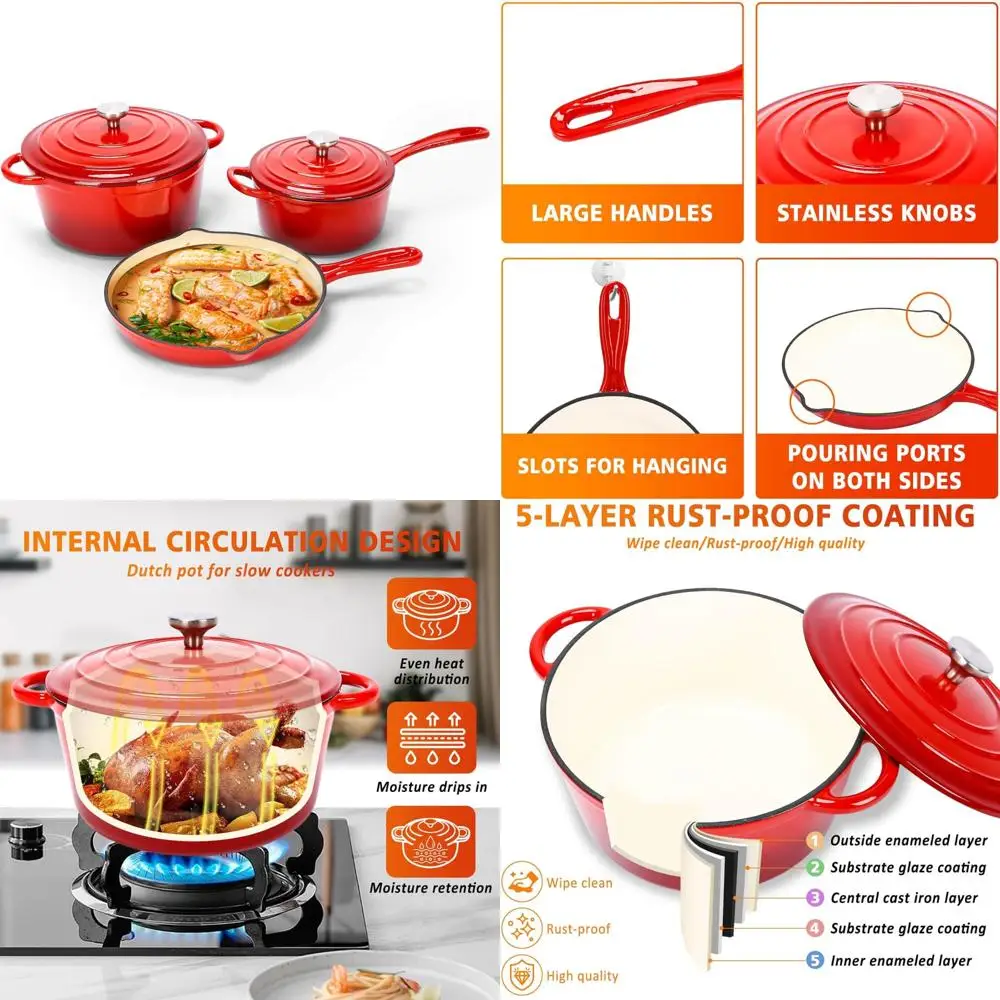 

Набор эмалированной чугунной посуды — голландская духовка из 5 предметов, сковорода для соуса, сковорода с крышками, без PFOA, готовая к индукции, запекание и запекание