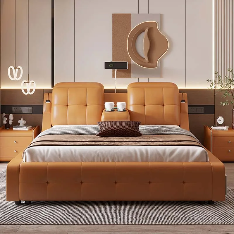 

Leather Projector Double Bed Simple Massager Wood Comferter Bed Storage Electric Lit De Luxe Multifonctions Bedroom Furniture