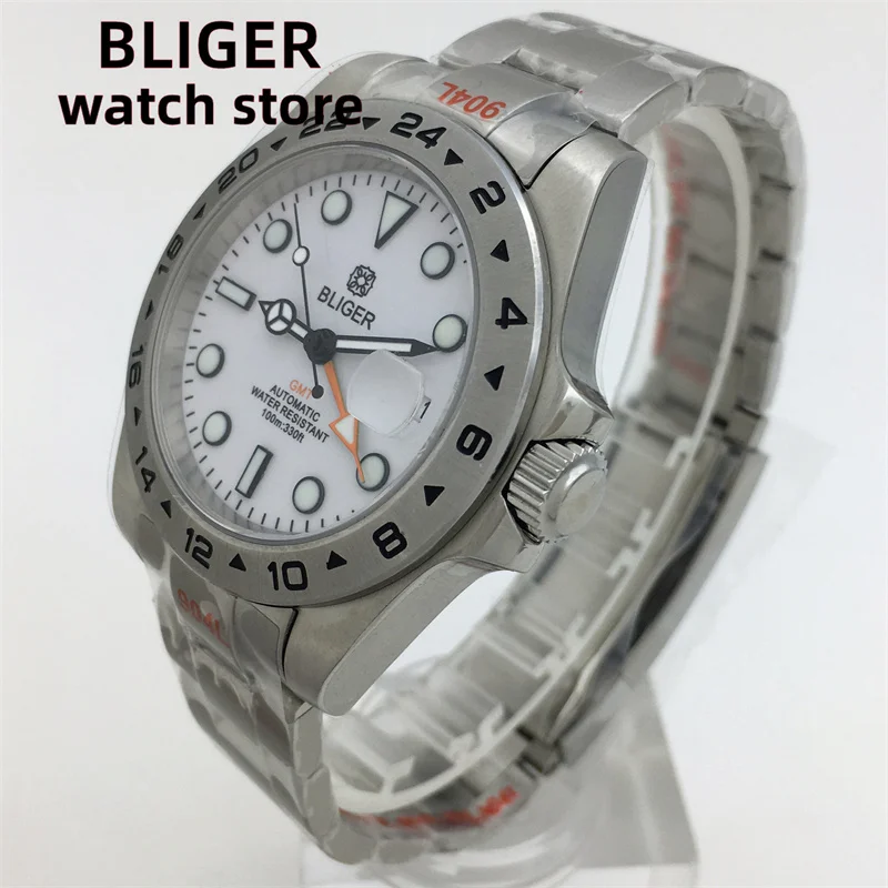 BLIGER 40mm/43mm Japan NH34 GMT Men\'s mechanical watch green luminous white dial sapphire glass stainless steel strap