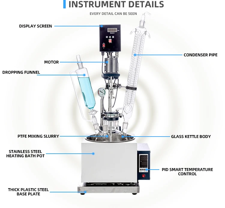 2L Digital Glass Reactor Bioreactor with Automatic Pressure Vessel Pump Motor Engine & PLC 220V Remote Control Small Volume
