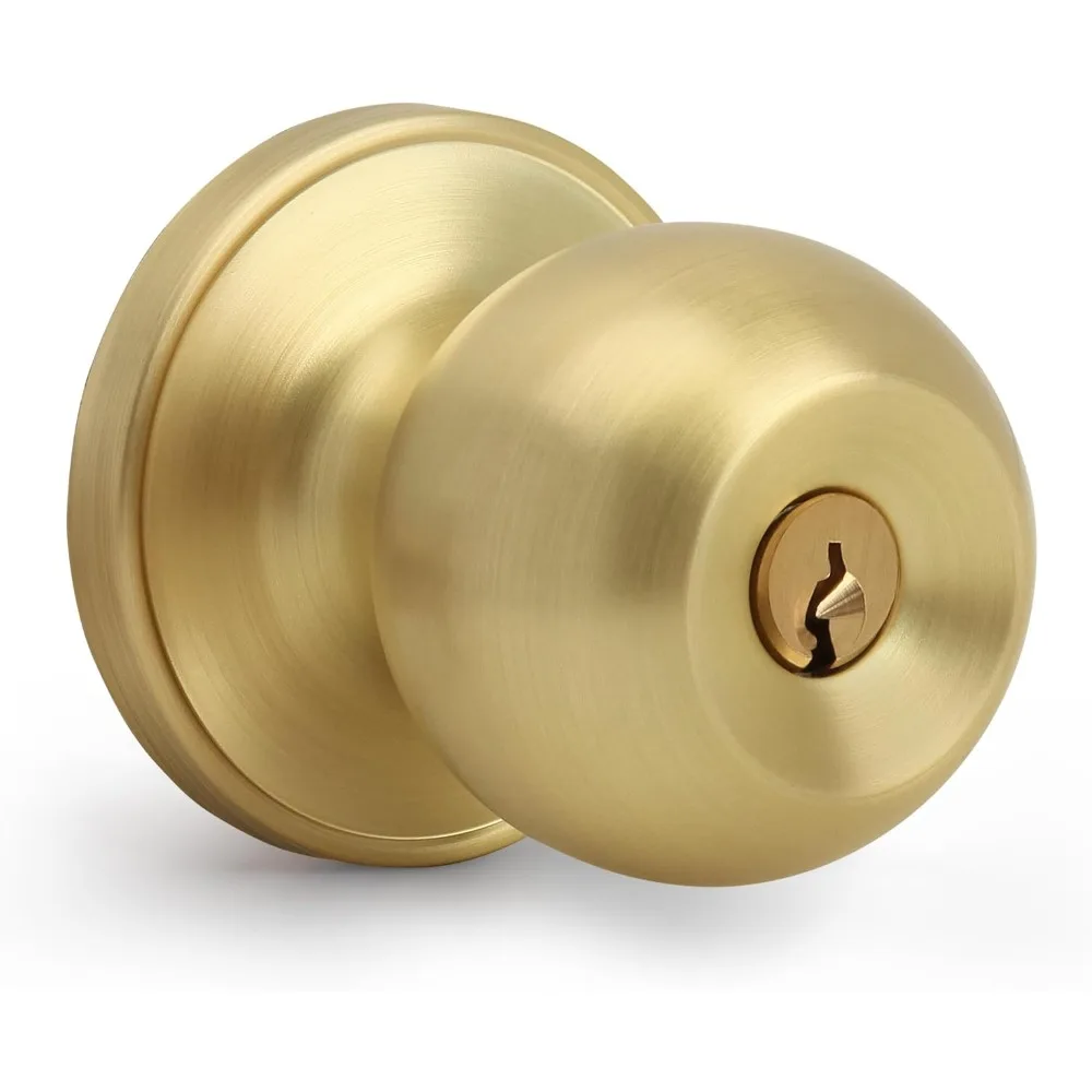 

Keyed Entry Door Knob, Ball Design Doorknob for Interior Exterior, Reversible Round Door Lock for Front Entrance Doors, Satin Br