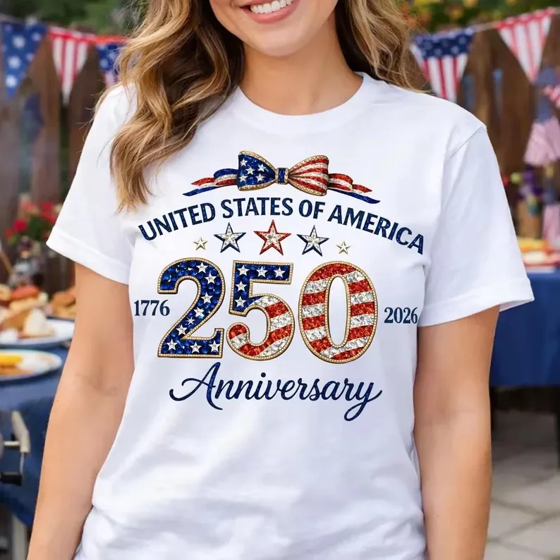America 250 Sparkle Flag Shirt Vintage Patriotic Tee for Women USA 1776 2026 Anniversary Tops Fourth of July Clothes