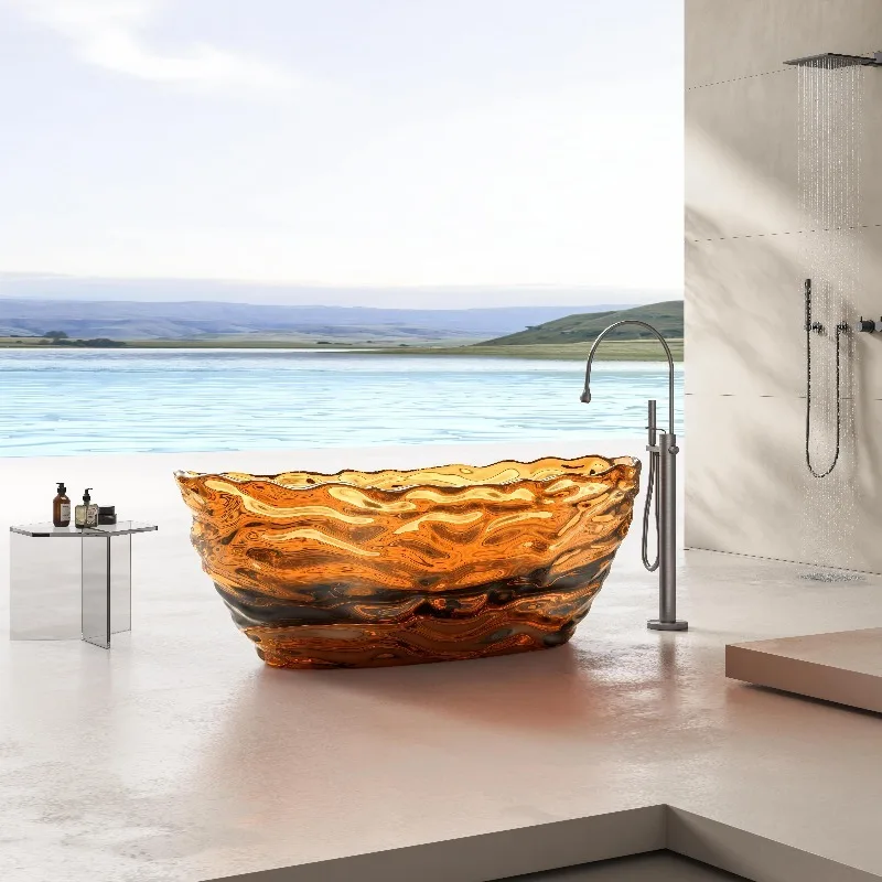 High-End Clear Resin Freestanding Bathtub Water Ripple Transparent Design Customizable Color Soaking Bathroom Indoor Bedroom