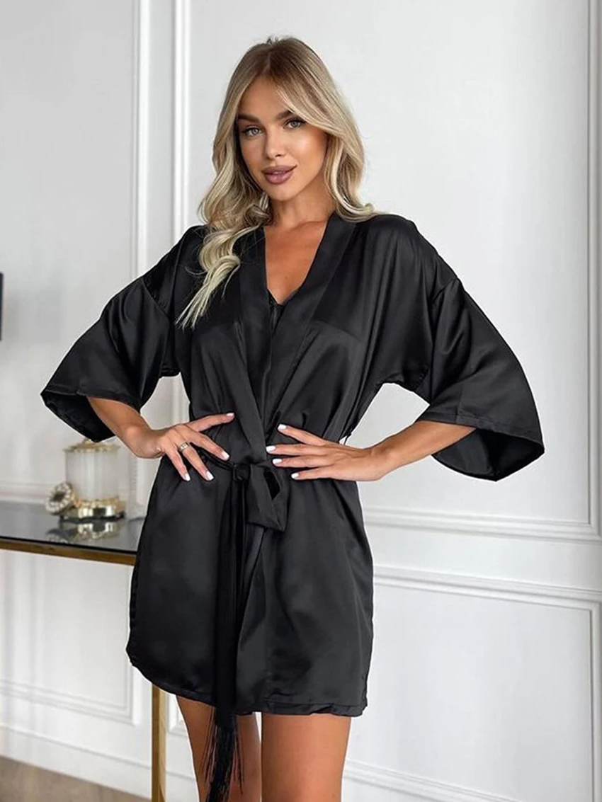 Marthaqiqi Casual Female Sleepwear 3 Piece Suit V-Neck Pajamas Long Sleeve Robe Crop Top Nightie Lace Shorts Loose Nightgown Set
