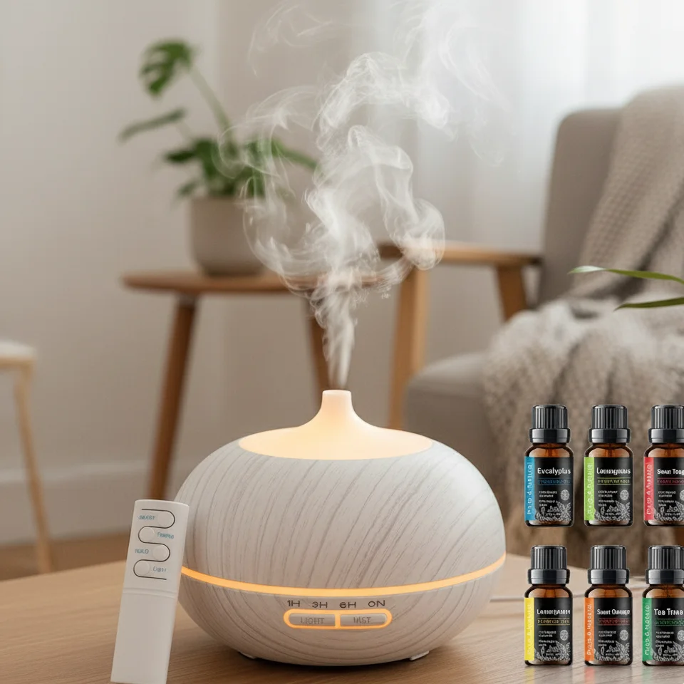 

550ml Wood Grain Essential Oil Diffuser, Remote, 6 Oils, 7 Color LED Light, Home Office