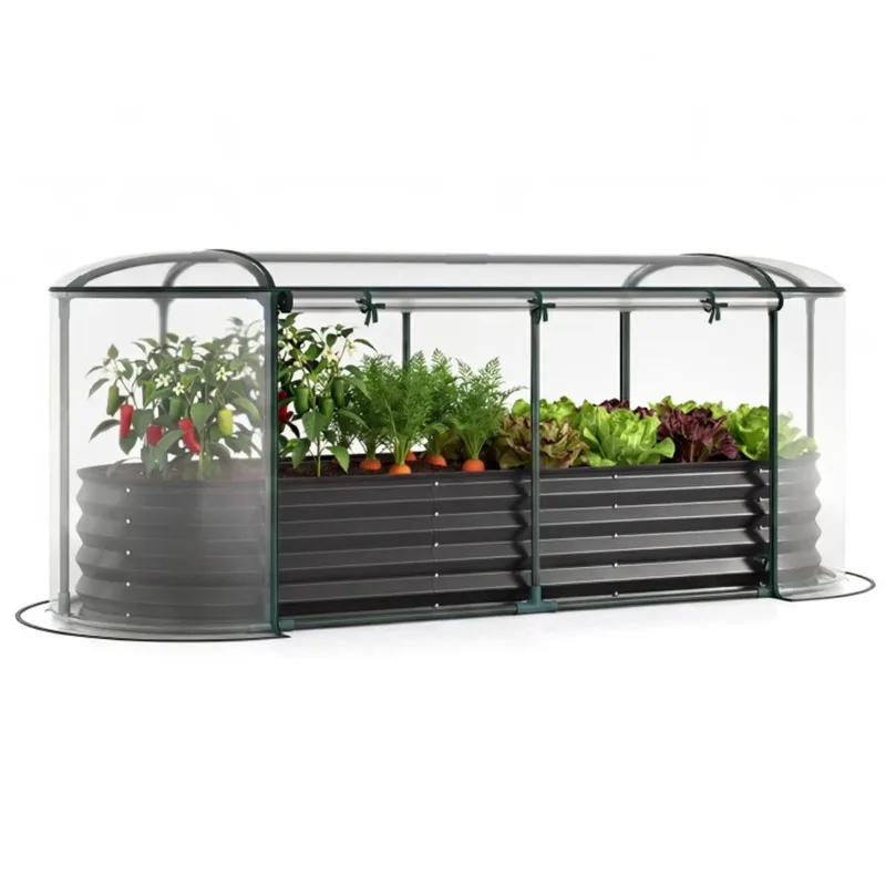 3 year-round elevated garden planting beds, galvanized steel planters, tempered glass, PE greenhouse cover film