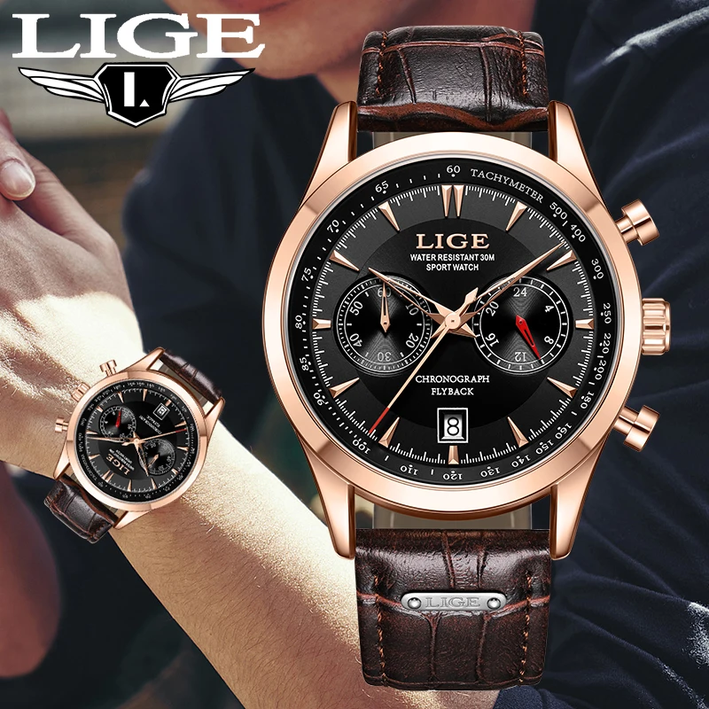 

LIGE Fashion Casual Sport Watch for Men Top Brand Luxury Leather Strap Quartz Man Watches Waterproof Business Clocks Chronograph