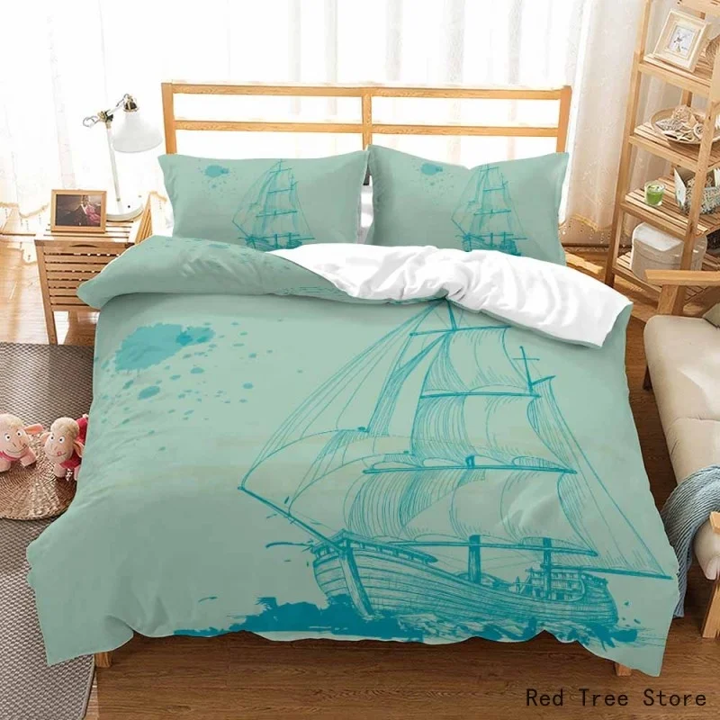 Cartoon Anchor Boat Printed Bedding Set Blue Seaside 2/3pcs Duvet Cover Pillow Case Twin Full Size Kids Bedclothes Soft Bedline