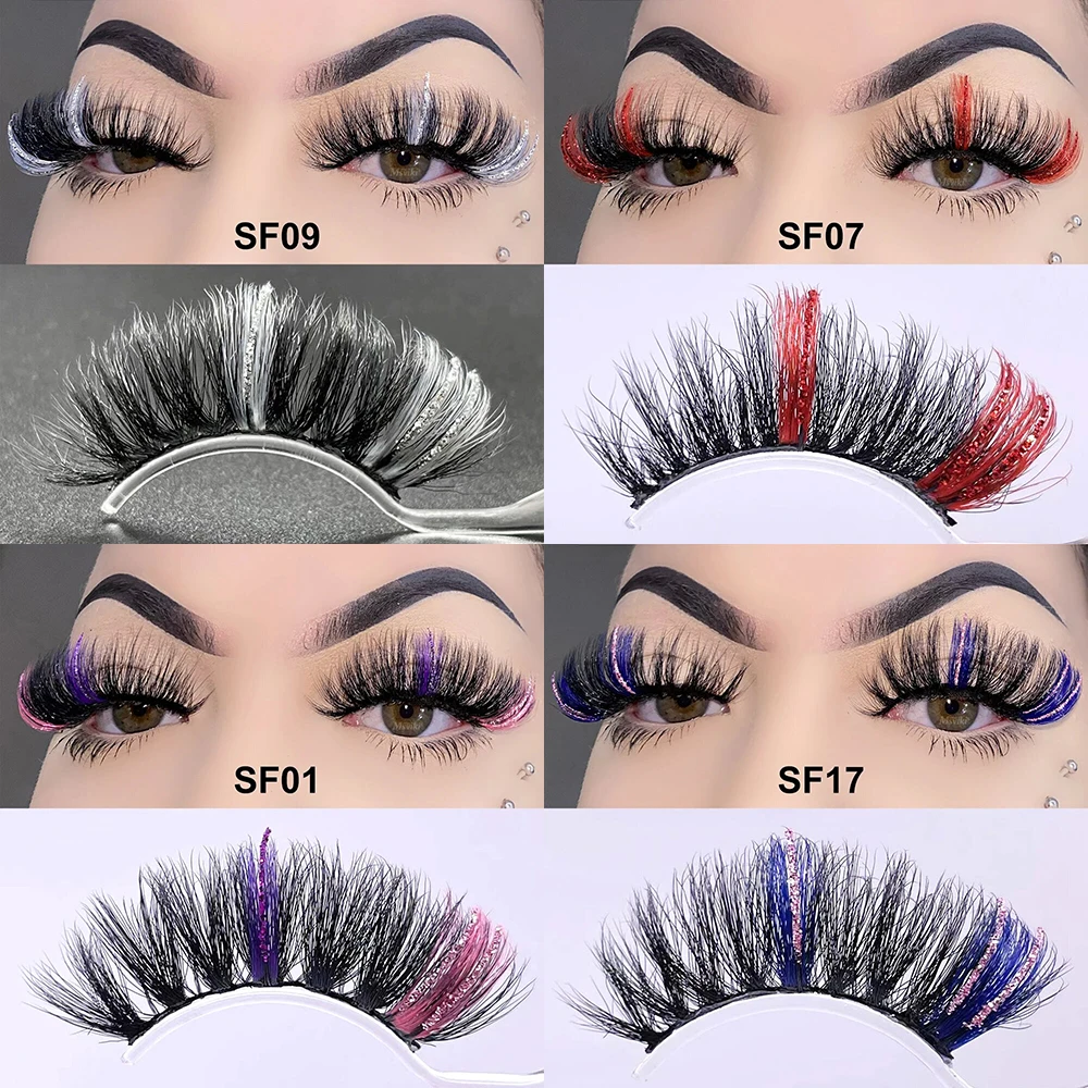 Colored Lashes Bulk Wholesale Fluffy 25MM Mink Eyelashes Glitter Color Lashes Extension Pink White Red Blue 5D Mink Lashes