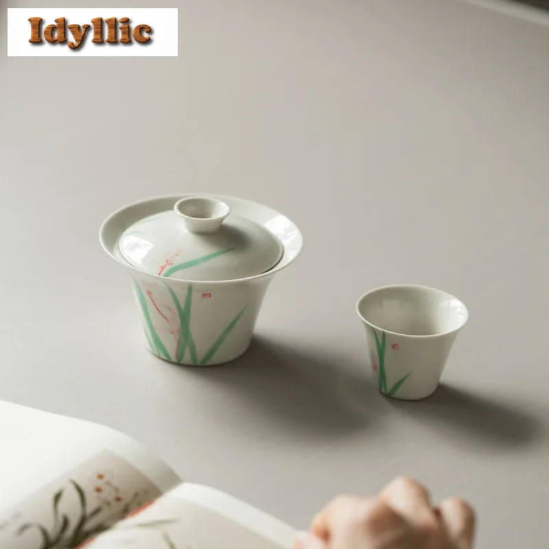 120ml Hand Drawn Orchid Horseshoe Gaiwan Boutique Tea Tureen Tea Bowl With Lid Kit Tea Maker Cover Bowl Tableware Craft Supplies