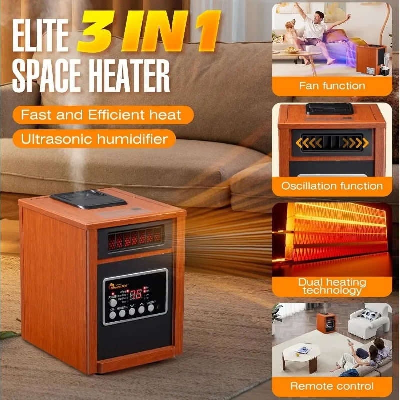 Dr Infrared Heater DR-998, 1500W, Space Heater with Humidifier, Oscillation Fan & Remote Control (Cherry)