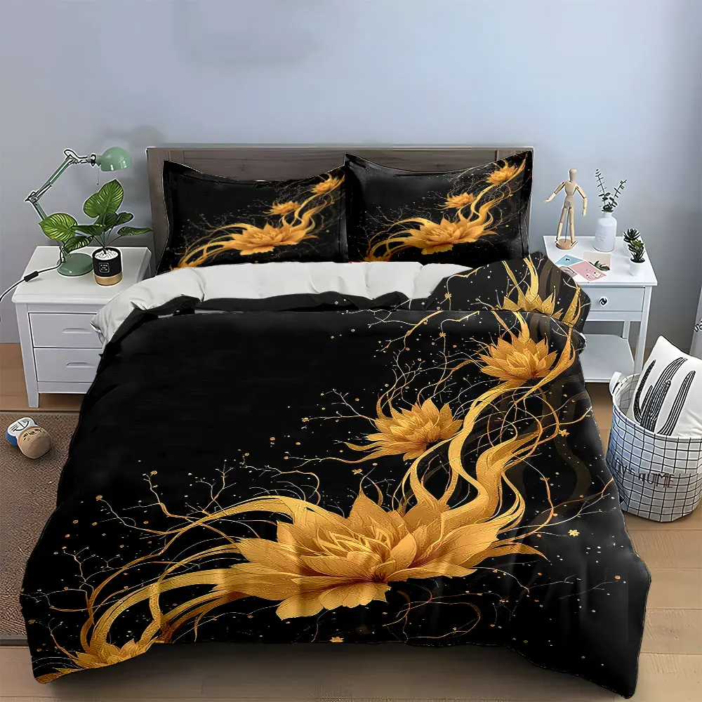Golden Floral Art Decoration Set Bedding Set with 1 Duvet Cover 2 Pillowcases Single Double King Queen, Gift