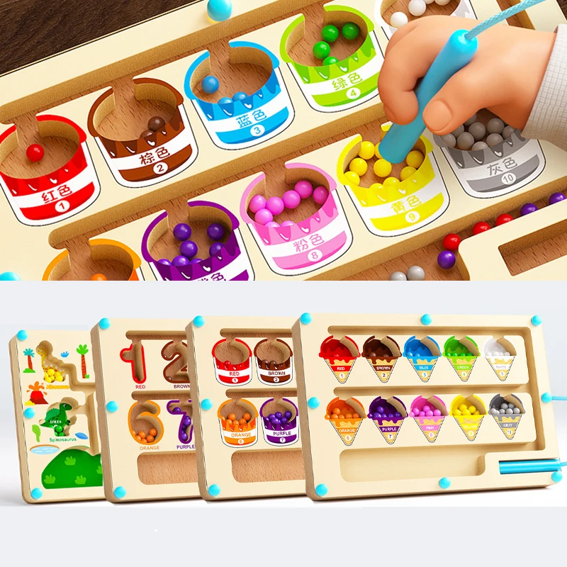 Juegos de clasificación de colores magnéticos Montessori, tablero de laberinto, bolígrafo, juegos de cuentas móviles, Control de madera, juego sensorial, juguetes educativos para niños