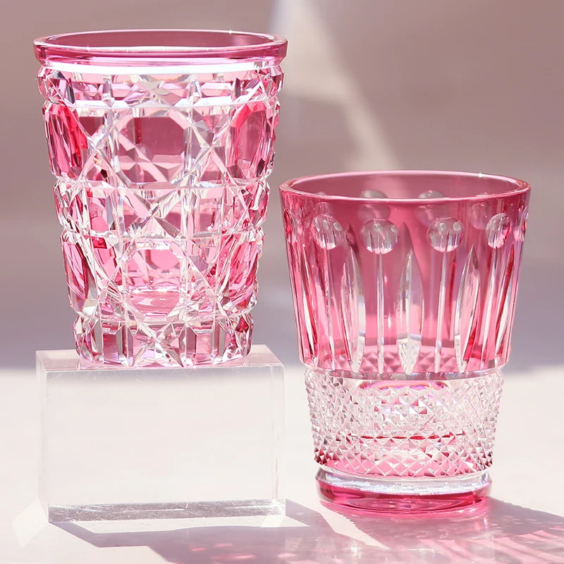 Pink Crystal Whiskey Glass 10oz 300ml Hand Cut Edo Kiriko Style Tumbler Vintage Carved Glass Cup for Cocktail Bourbon Wine Drink