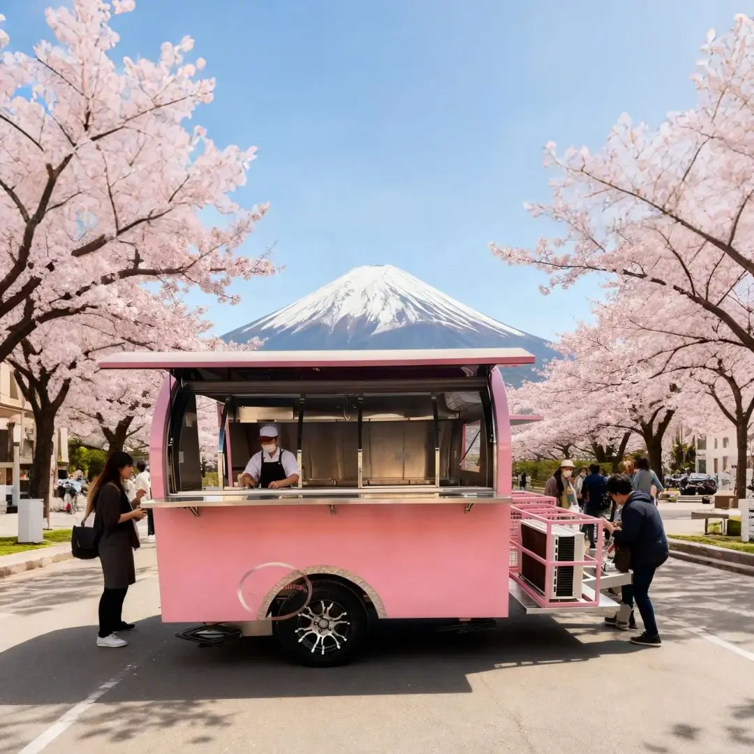 

Soft Pink Outdoor Food Trailer round Smooth Mobile Food Cart Girlish Charm Customizable Catering Stand