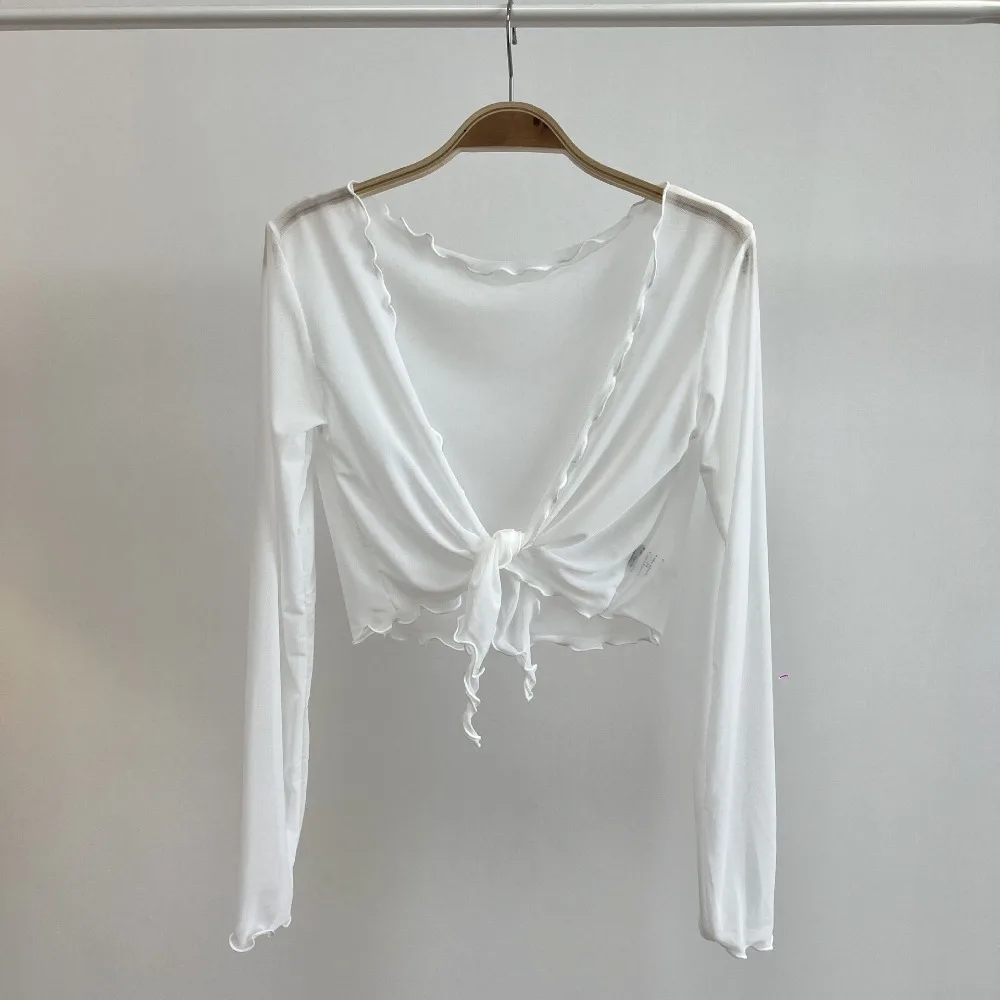 

Модные тонкие солнцезащитные куртки в стиле Харадзюку, сетчатый укороченный кардиган с рюшами, однотонный летний кардиган для женщин