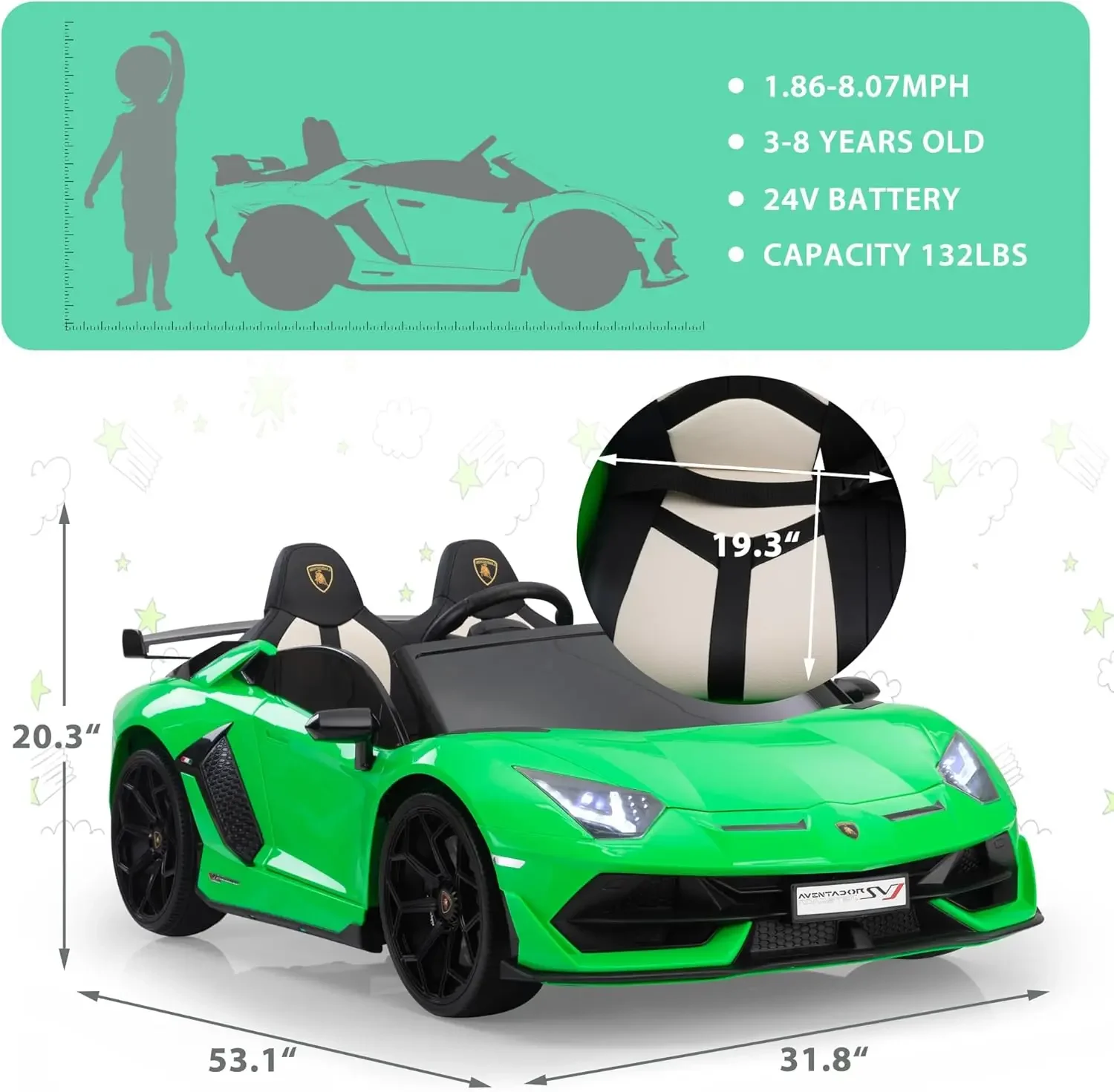 Ride on Car 24V Electric Lamborghini for Kids High Speed 13km/h Drift Sports Car with PU Leather Seats w/Adjustable Saf