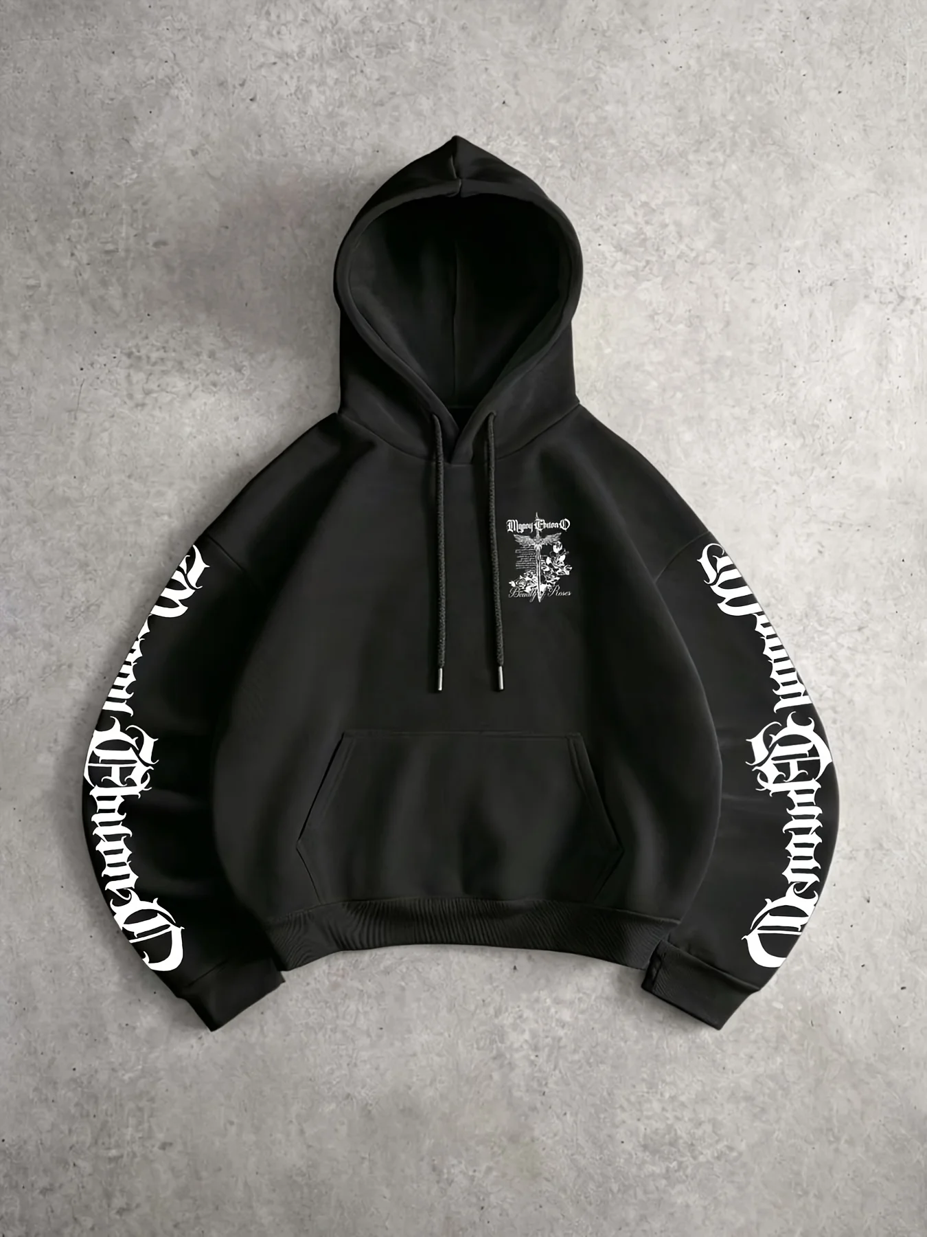 Herren Oversized Hoodie Gothic Schwert Rose Flügel Schriftzug Vintage Dark Streetwear Pullover Oberteil Herbst Winter Fleece – Detail 4