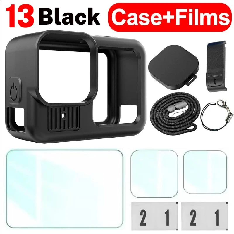 For GoPro Hero 13 Black Dustproof Silicone Camera Protective Case Cover Tempered Glass Lens Films Full Coverage Protectors