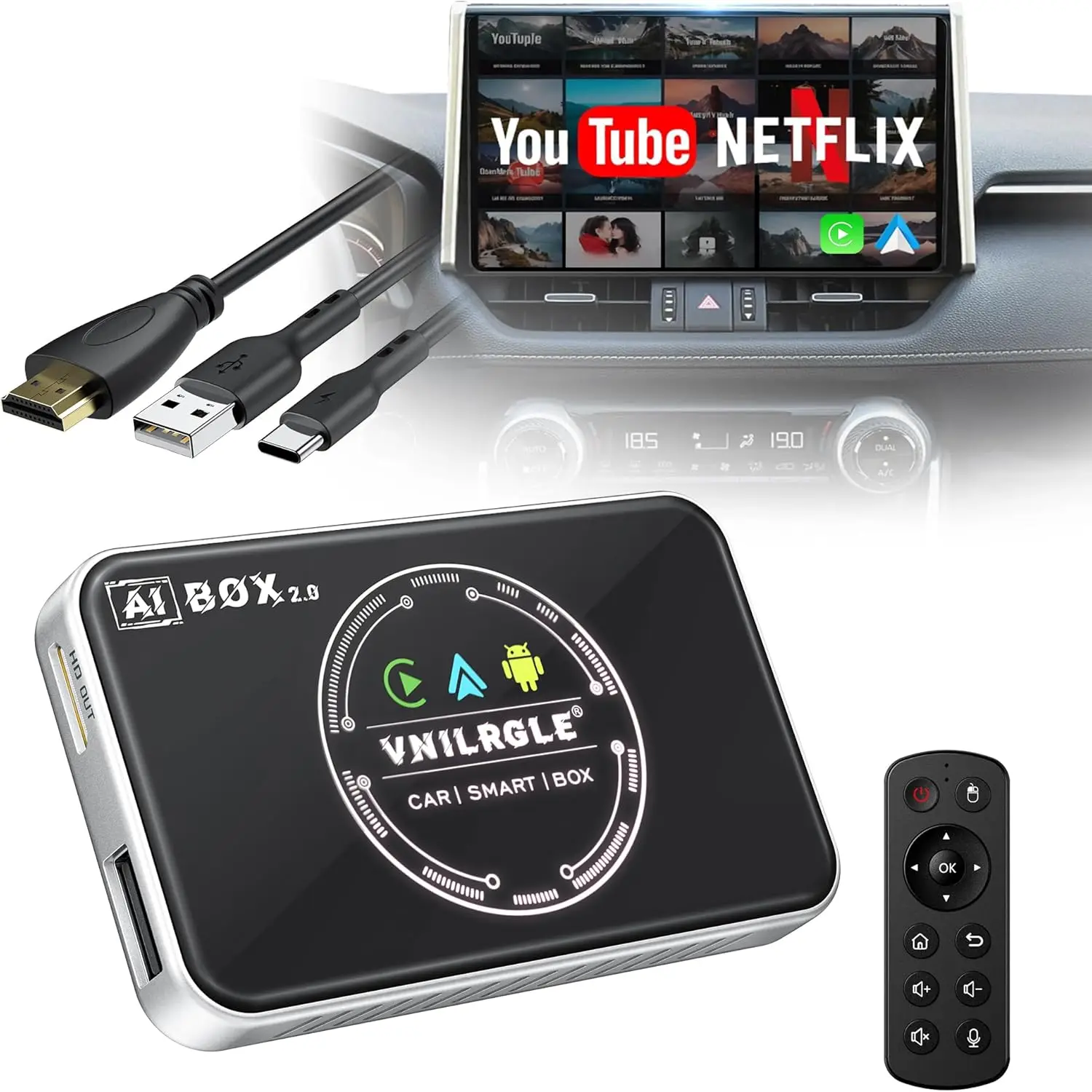 Беспроводной адаптер CarPlay 4-в-1 и Android Auto, Stream Netflix, YouTube, зеркало с разделенным экраном для автомобилей