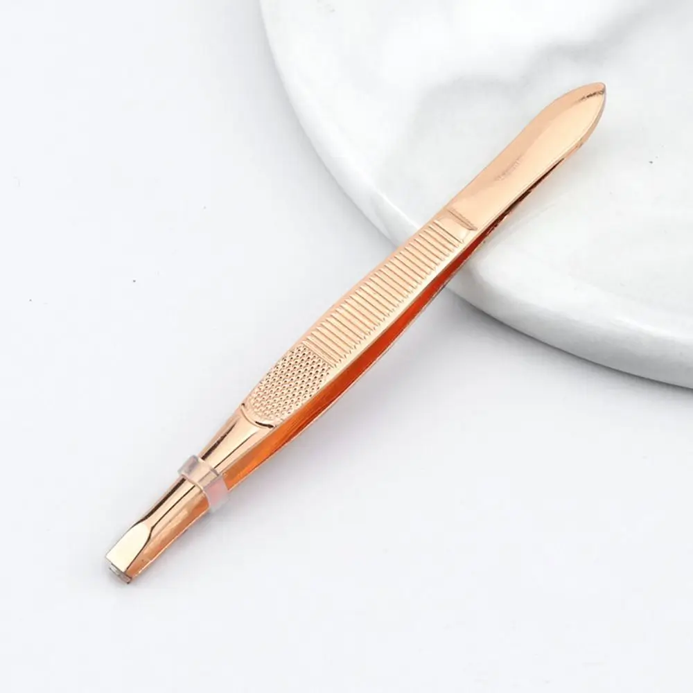 

Stainless Steel Eyebrow Trimming Tweezers Flat Tip Plucking Eye Brow Clips Mesh Stripe Handle Slant Tip Face Hair Removal Tools