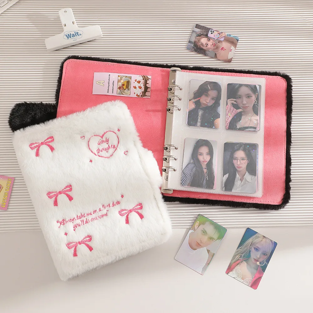 

Kpop Korea Style A4/a5 Ins Binder Idols Photo Album Sleeves Embroidery Bowknot Plush Photocard Holder Loose-Leaf Collection Book