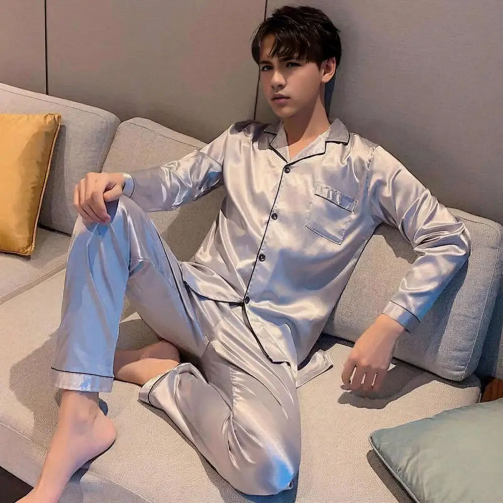 2Pcs/Set Men/women Loungewear Set Lapel Long Sleeve Shirt Tops Elastic Waist Long Pants Set Casual Single Breasted Sleepwear