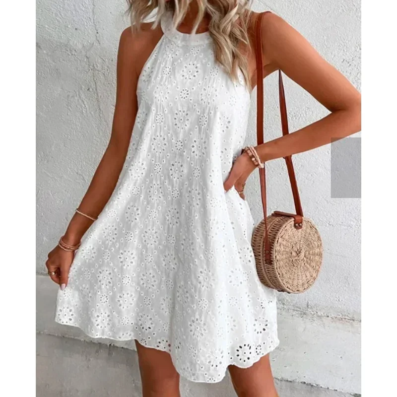 

Women's Floral Strapless Sleeveless Mini Dresses, Summer Short White Dress, Solid Color, O Neck, Slim Vintage, Hollow Out Women