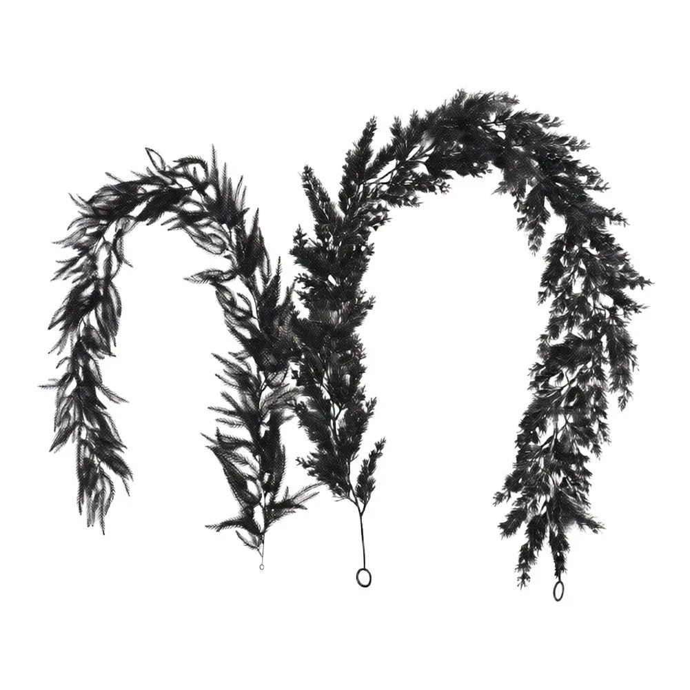 2PCS 180cm Black Artificial Pine Garland With For Maple Leaves Realistic Halloween Vine For Fireplace Railing Stairs Party Decor