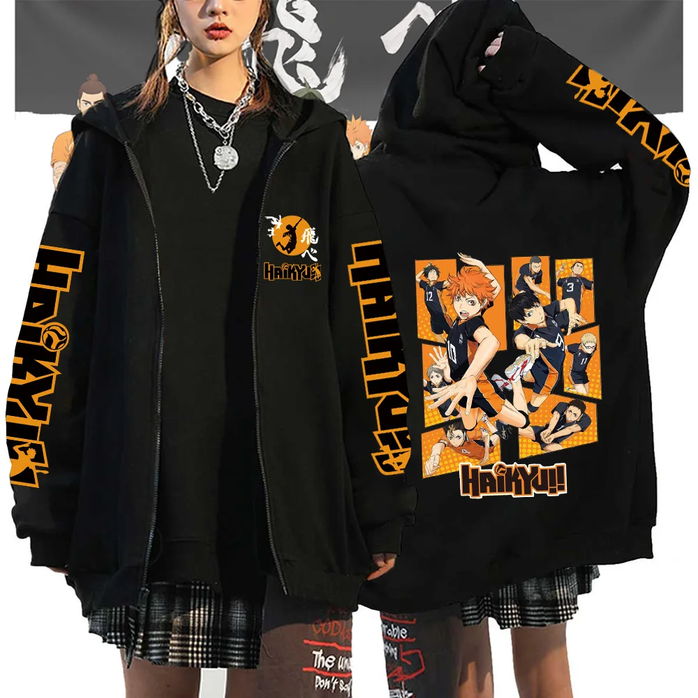 Haikyuu Japan Anime Zip Up Hoodie Karasuno High School Hooded Men Women Sweatshirts Harajuku Autumn Winter Unisex Pullover