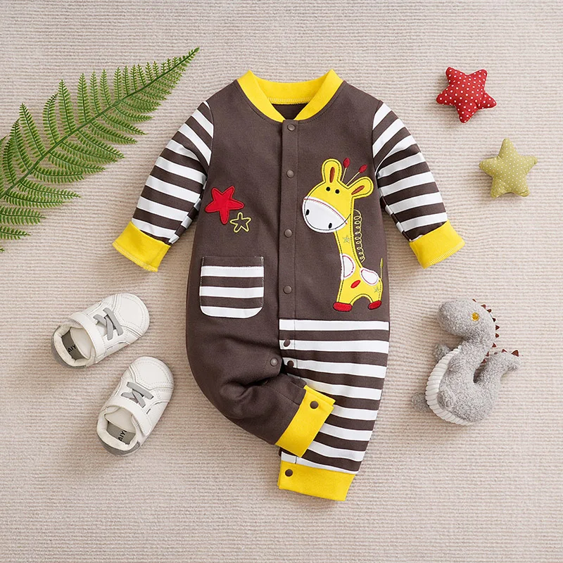 Newborn BoyAndGirl Jumpsuit Baby Clothing Cute Cartoon Splicing Contrasting Color Giraffe Spring AndAutumn Long Sleeved Jumpsuit