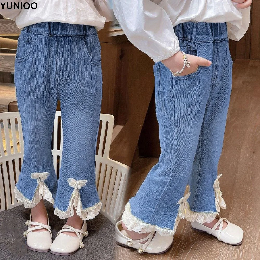 

Модные джинсы Y2K с кружевом и бантом, широкие, с асимметричным низом, расклешенные, свободные, для подростков, с разрезом, в стиле ковбой, для вечеринок