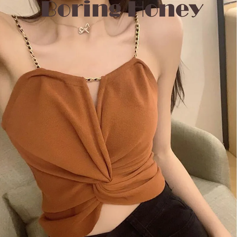 

Boring Honey Y2K Summer Clothes For Women Chain Slip Vest Base Shirt Cross Tops Women Sexy Halter Chic Crop Top Women Clothing