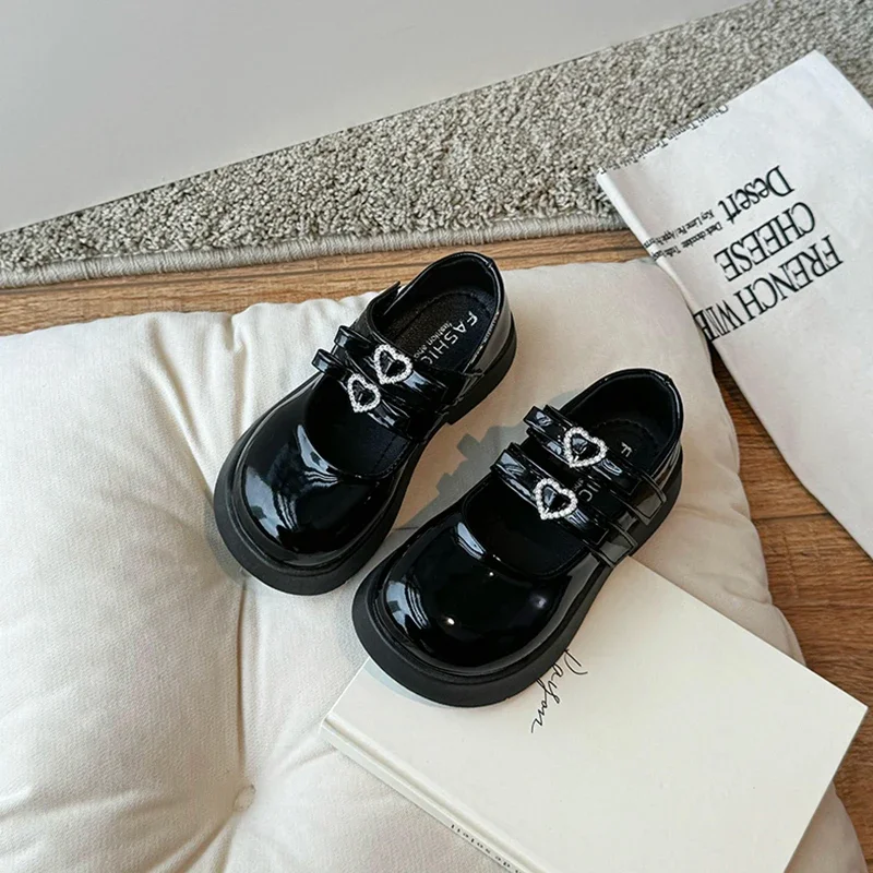 Dziewczęce buty księżniczki z kokardką Love Kids Black Performance Dance Shoes for Party 2024 New Girls Leather Shoes Round Toe Soft Sole