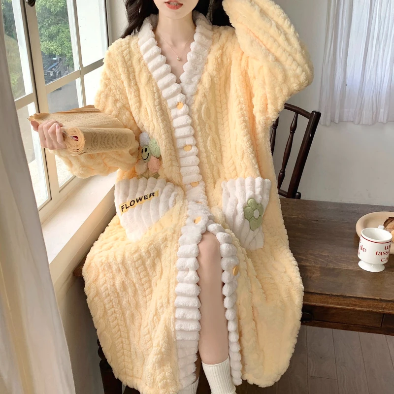 Warm Velvet Leisure Loungewear Robes Kawaii Plush Pajamas Single-breasted Long Nightgown Bathrobes Winter Sleepwear for Women