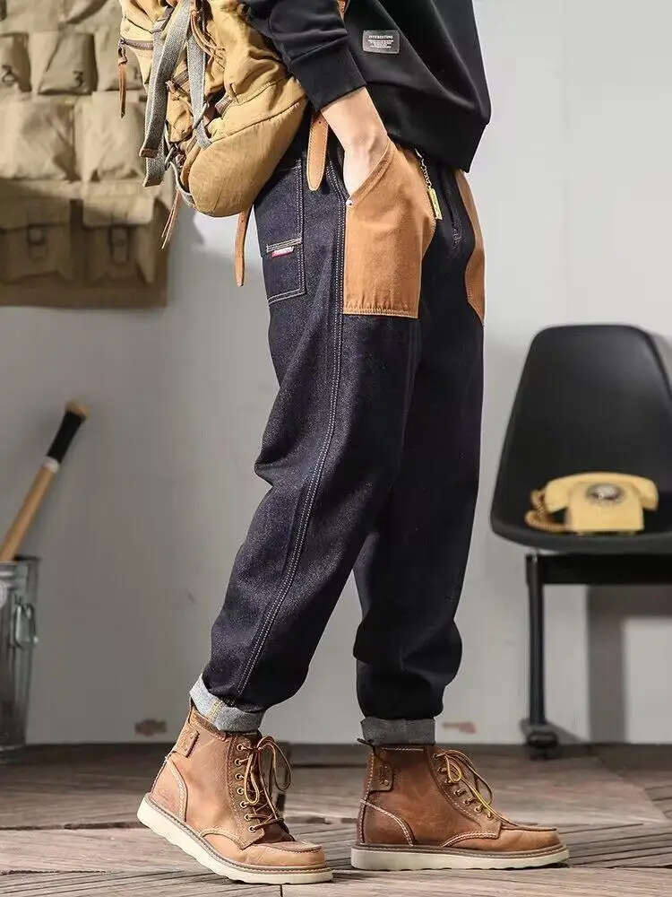 

High Street Vintage Patchwork Denim Trousers Men Spring Autumn Dark Bule Straight Big Pocket Cargo Pants Fashion Loose Jeans