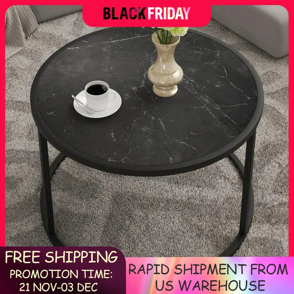 Small Coffee Table Black Round Marble Modern Tables Open Space Underneath for Living Room Home Office 27.6 * 27.6 * 17.7