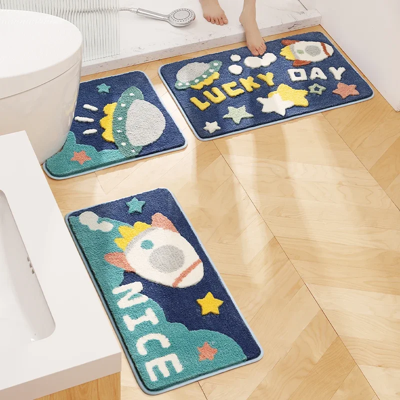 Cartoon Flocked Bathroom Rug Set Toilet U-shaped Floor Mat Thickened Microfiber Bath Mats Carpet Shower Room Doormat Anti-slip