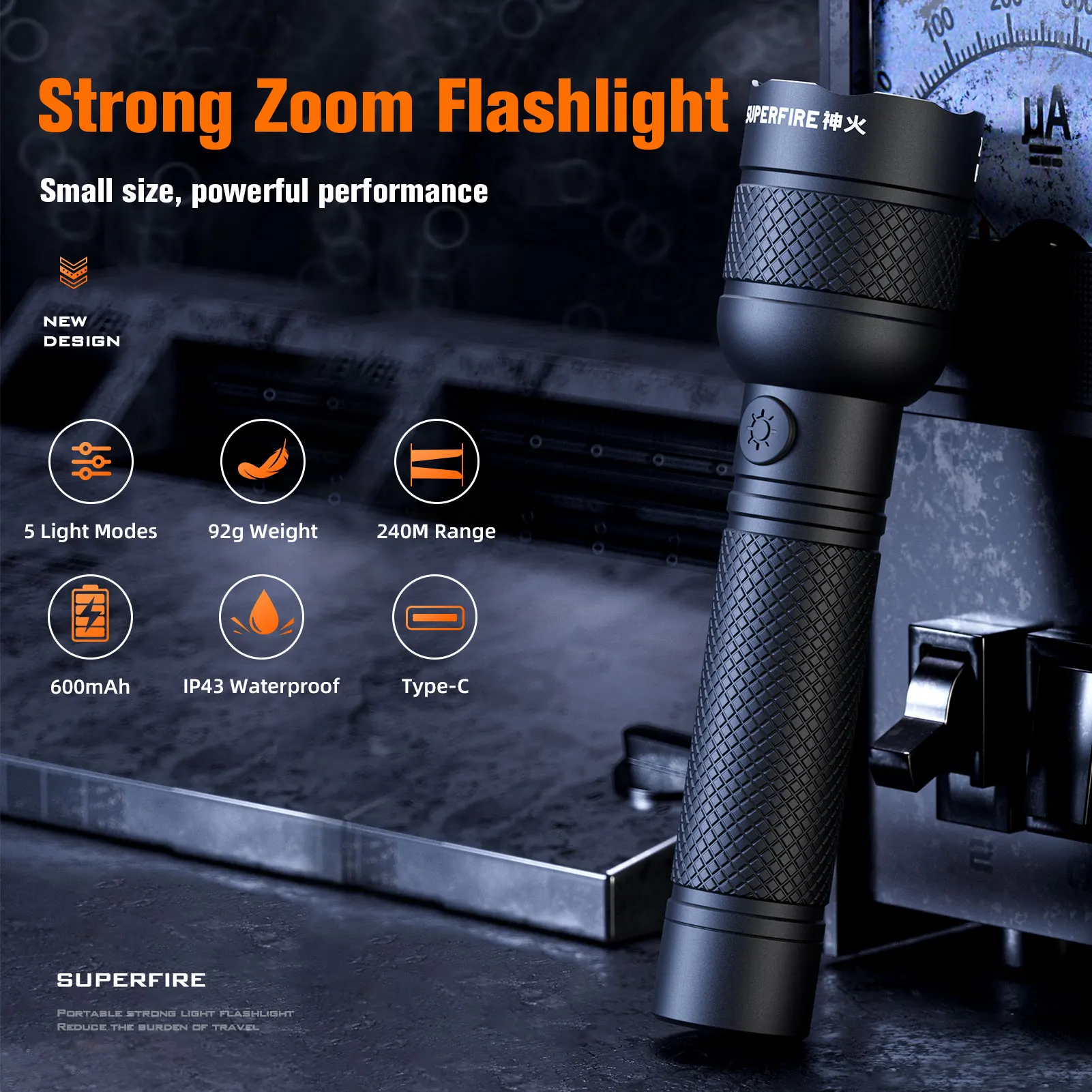 SUPERFIRE F1 Zoom Flashlight 300LM Bright, Rechargeable LED Focus Adjustable Torch Light for Outdoor Hiking Fishing Emergency