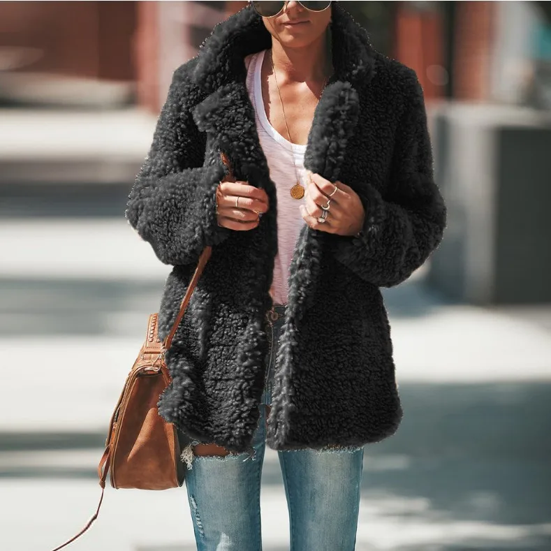 Women's Autumn Winter Loose Fitting Plush Warm Lapel Long-sleeve Cardigan Woolen Coat