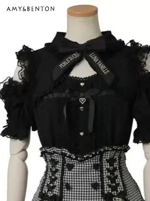 

Japanese Liz Summer New Lace Off Shoulder Mass-produced Mine Lolita Short-sleeved Shirt Women Sweet Cute Bow Ruffle Edge Shirts