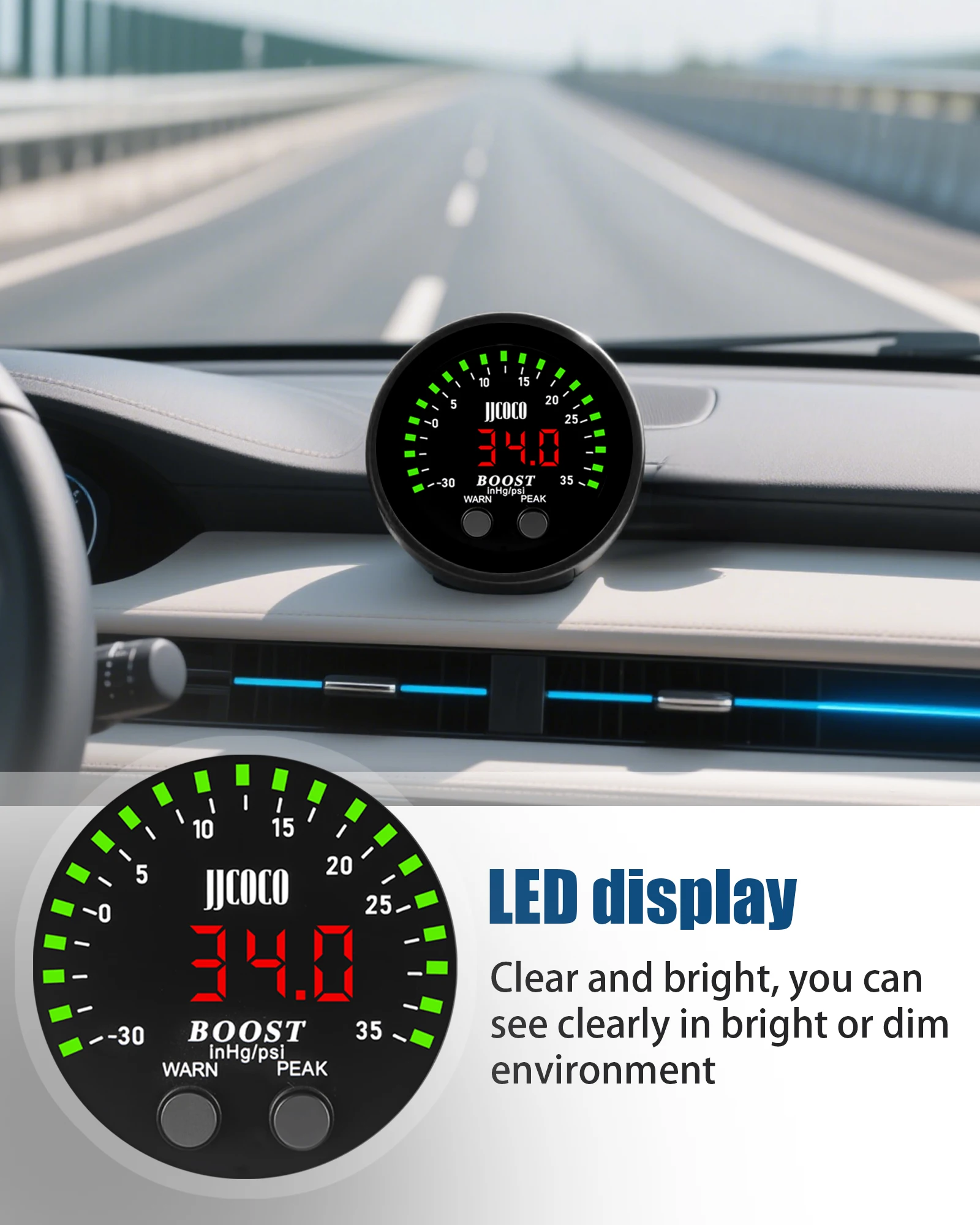 Uviversal 52mm Digital -30in/Hg-35psi Electronic Turbo Boost Gauge Ultra-Thin Turbo Boost Meter Vacuum Gauge 12v 24v