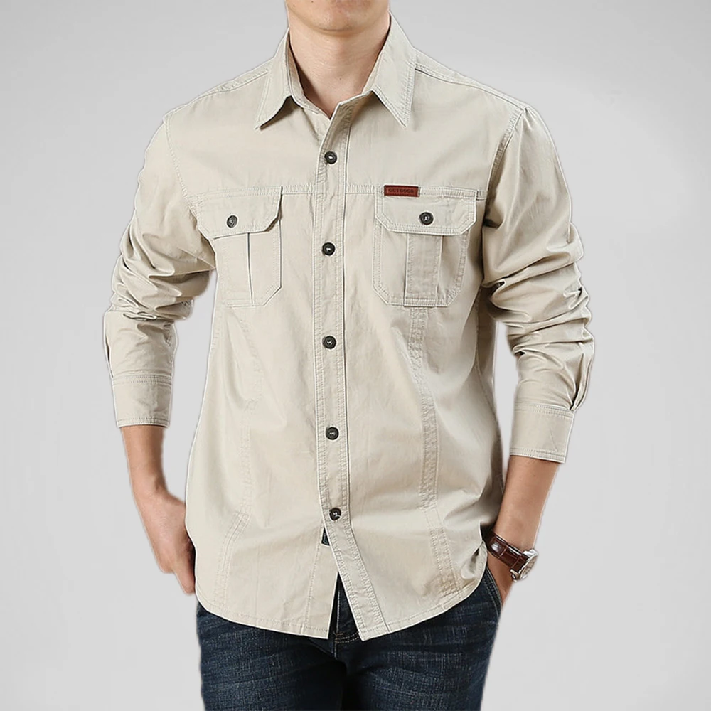 Camisa carga manga longa masculina, cor sólida, bolso múltiplo, alta qualidade, casual, moda ao ar livre, novo, 100% algodão