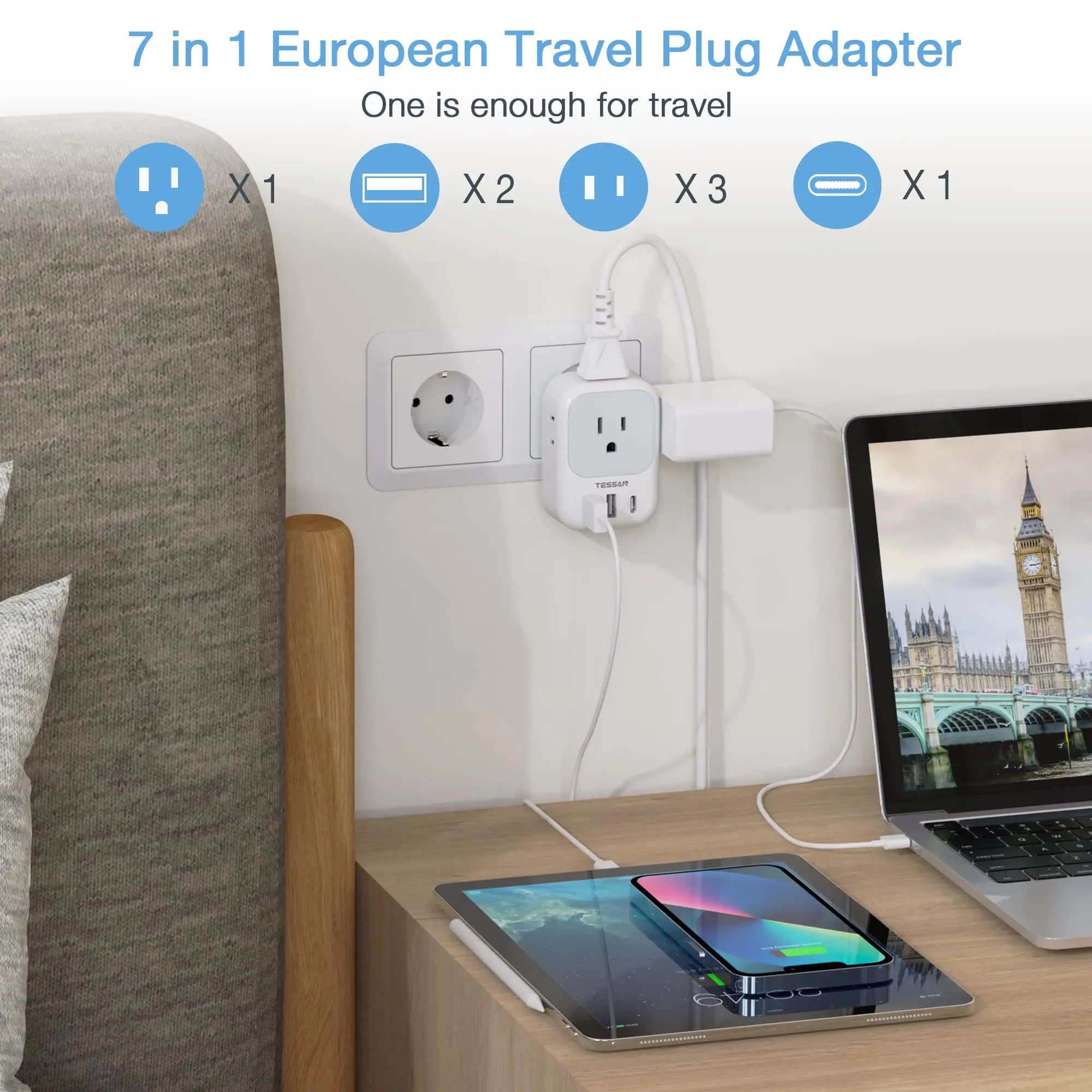 TESSAN 7 in 1 US Plug Adapter with 4 AC Outlets and 3 USB (1 USB C), Type C Plug European Travel Plug Adapter for Spain Germany