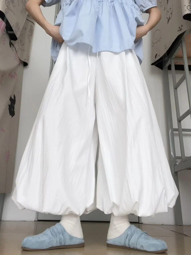 White Flower Bud Skirt Pants Women's High Waist Loose Drapey Lazy Nine Lantern Wide Leg Pants Skirt Commute Style Pure Color