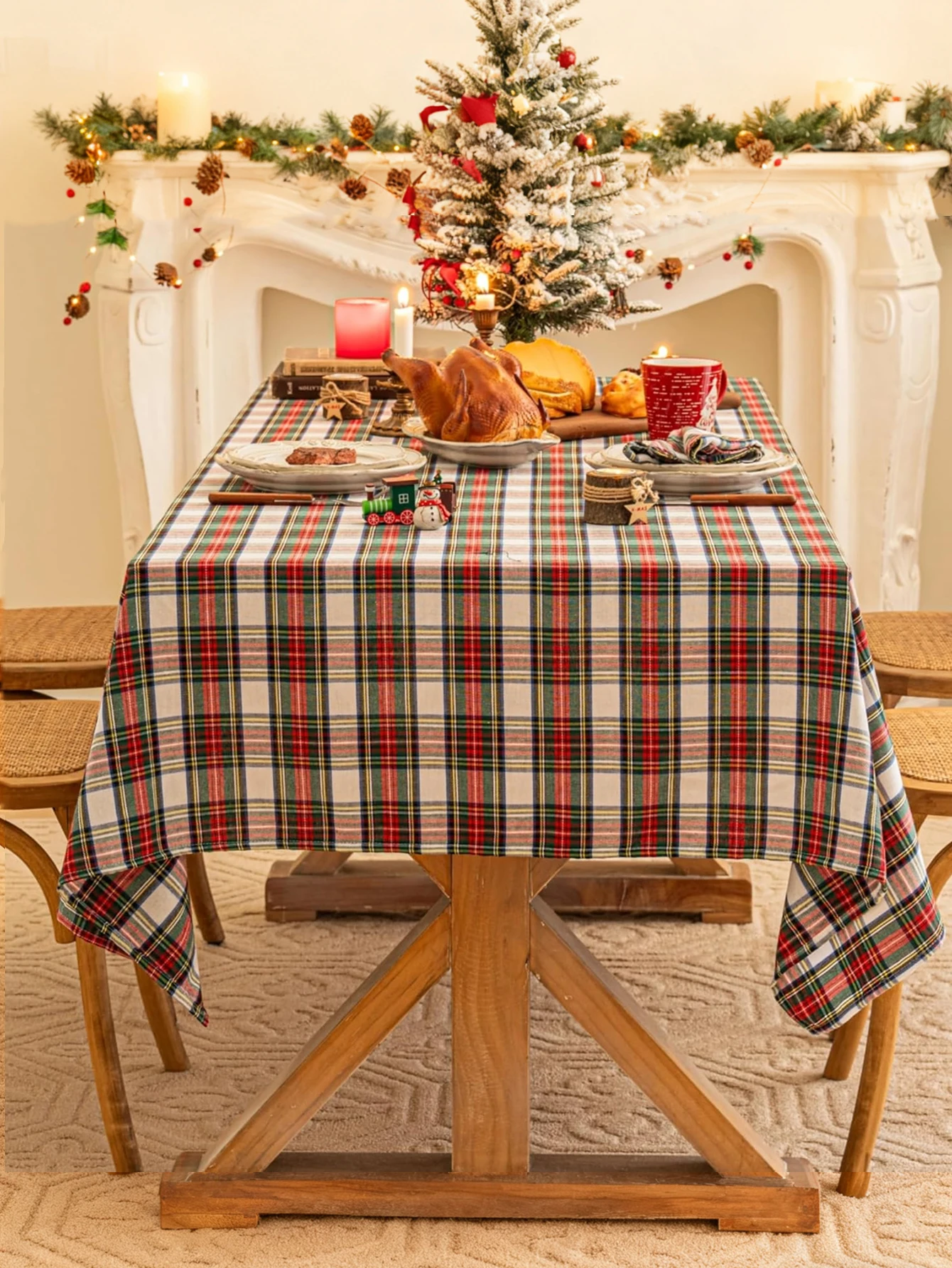 European style Christmas plaid fringe plaid tablecloth suitable for kitchen, wedding, And holiday table decoration tablecloths