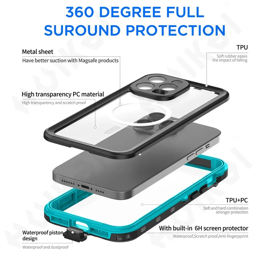 IP68 Waterproof Magnetic Case For iPhone 15 14 Pro Max Pro iPhone 13 Pro Max Protector Full Body Protective Dustproof Phone Case