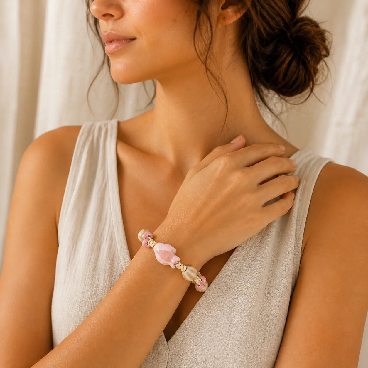 Pink Fish Handmade Ceramic Bracelet Handwoven Waxed Cord Adjustable Ceramic Bead Jewelry Artisan Braided Wrist 608P4-03