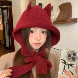 Winter New Wool-blend Balaclava Hats for Women Show Face Small Cute Cat Ear Design Warm Ear Protection Knitted Beanies Cap